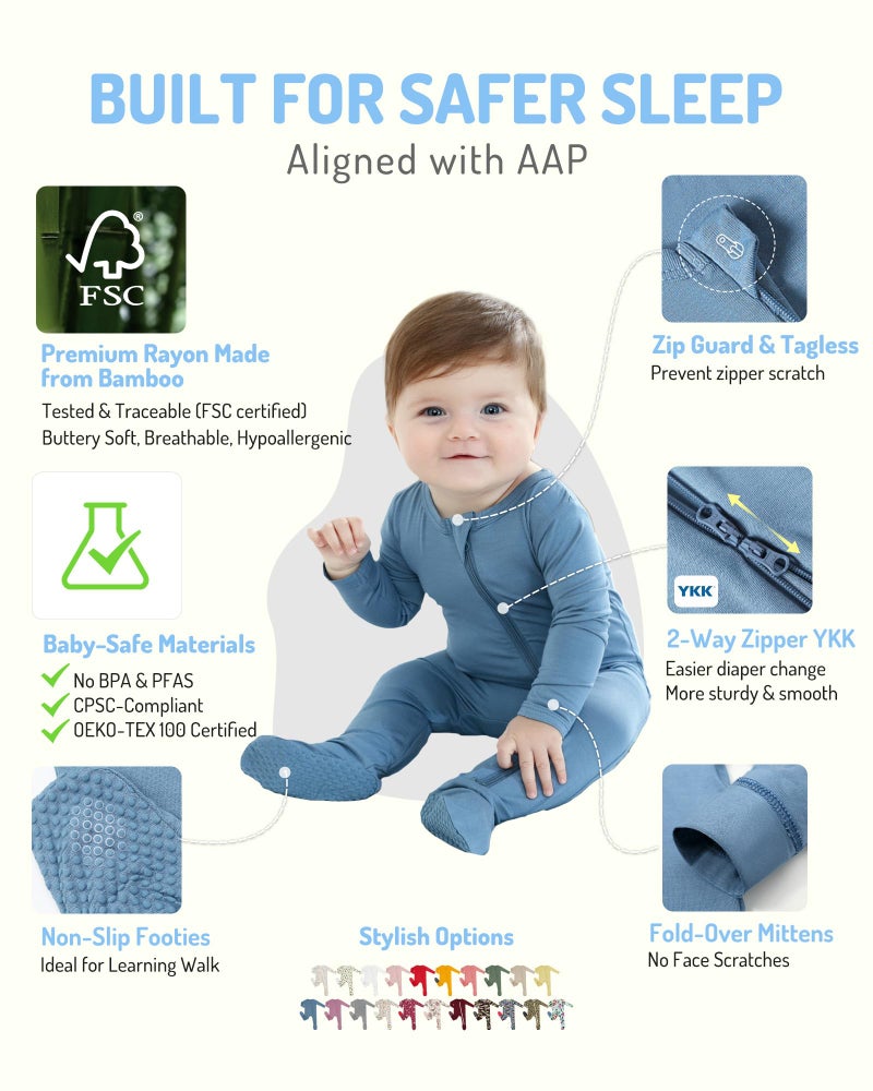 HAPIU Rayon from Bamboo Baby Footed Pajamas, 2 Way Zipper YKK, Footie for Baby Boy Girls, Newborn-24 Months, 2-Pack, Moonlight Blue&Dark Forest Green, 3-6 Months - Image 2
